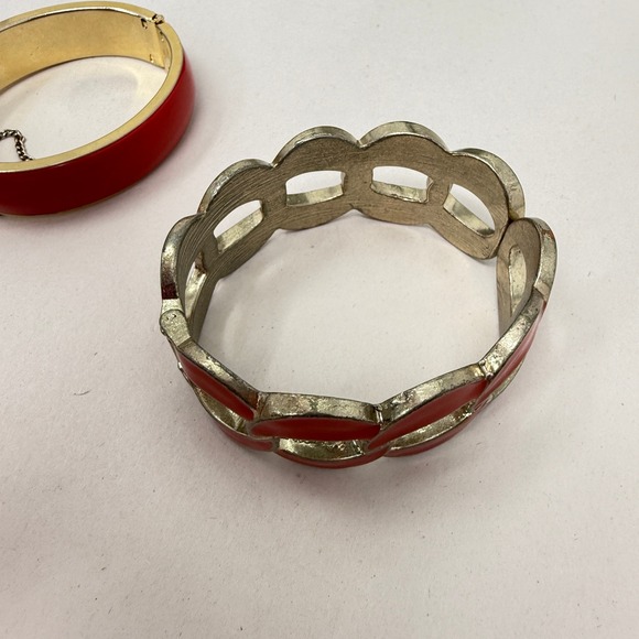 Red Orange Enamel Bracelet Lot 4 Pieces Hinged Chunky Bright Colorful - Picture 7 of 8
